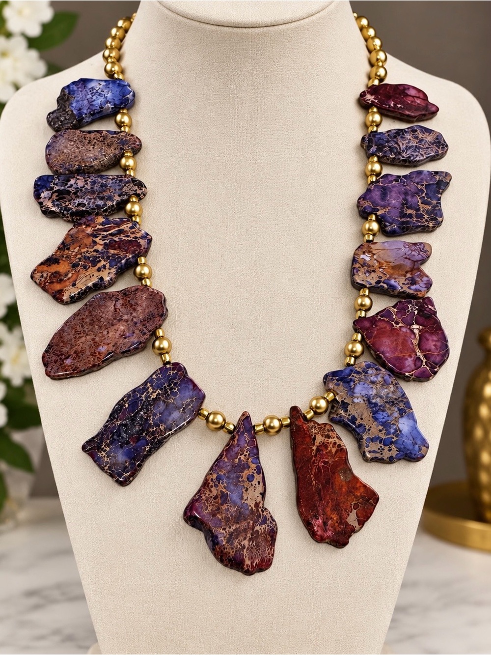 Impression Jasper Statement Necklace — One of a Kind
 Necklace with Gold Beads